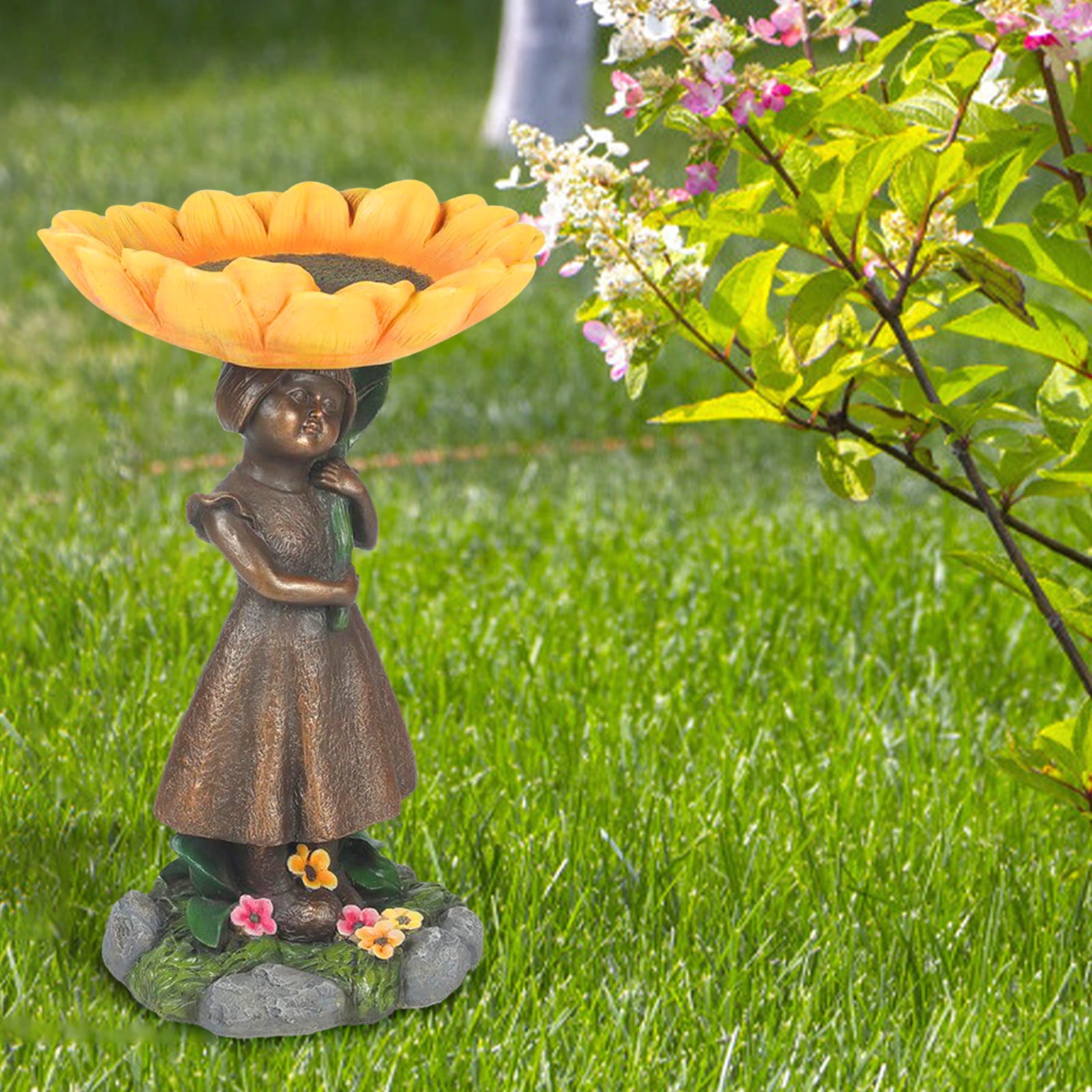 Clearance Sale Mijaution Beautiful Sunflower Bird Bath Brown Pedestal Handmade for Outdoor