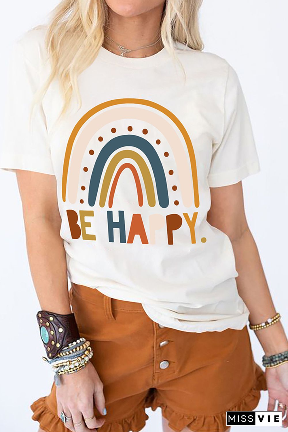 Be Happy Print Graphic Tees for Women Wholesale Short Sleeve T shirts Top