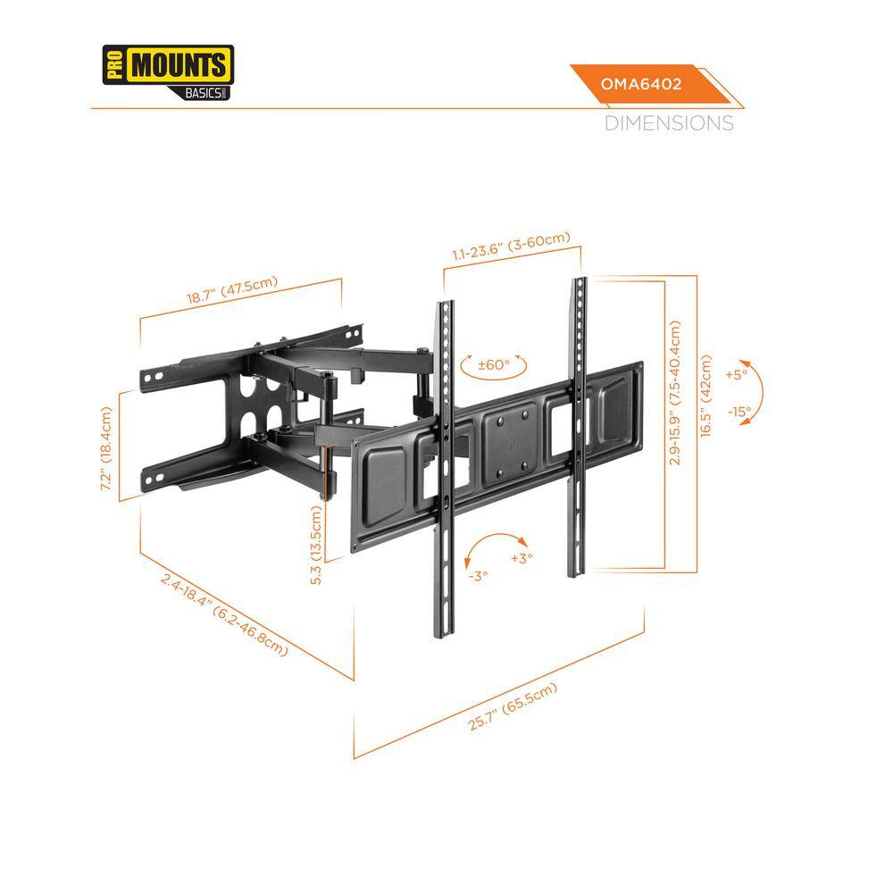 ProMounts Extra Large Articulating Wall Mount for 37 in. to 80 in. TV's up to 88 lbs. VESA 200x200 to 600x400 Anti-Glare TV Mount OMA6402