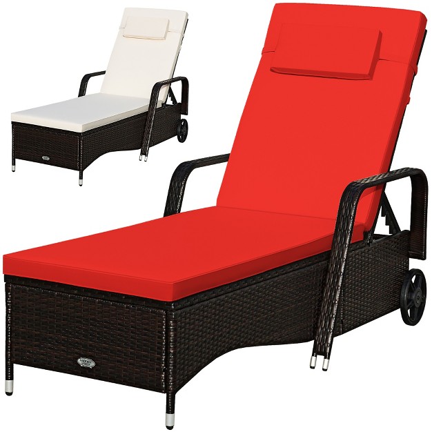 Patio Rattan Lounge Chair Chaise Recliner Adjust Cushion Red amp Off White Cover