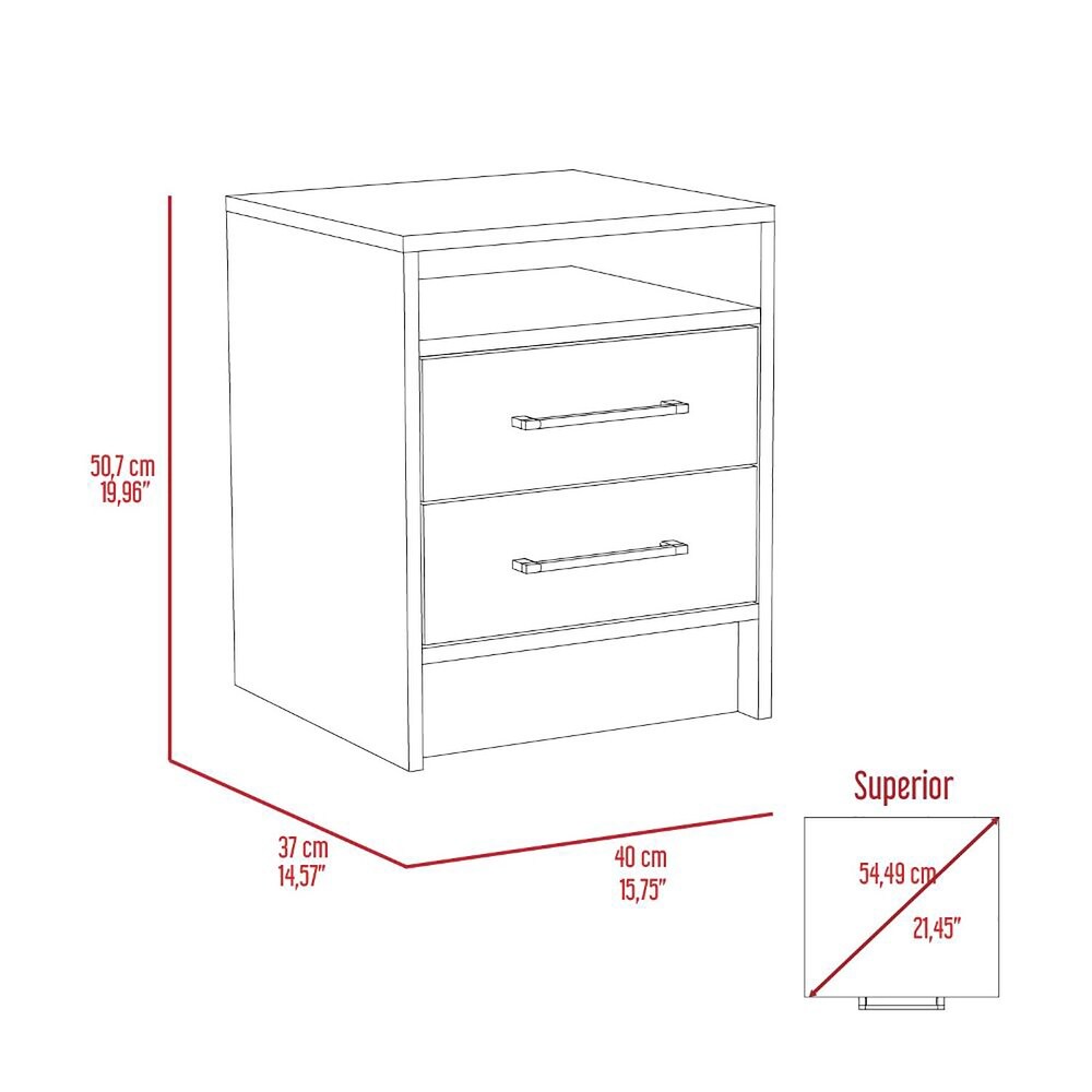 Wooden Nightstand with Two Drawers and Metal Handles