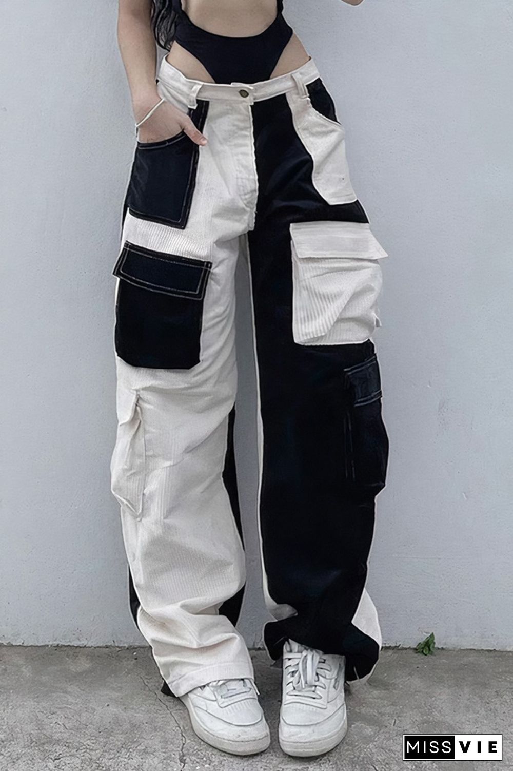 Colorblock Corduroy Multi Pocket Low Rise Wide Leg Cargo Pants