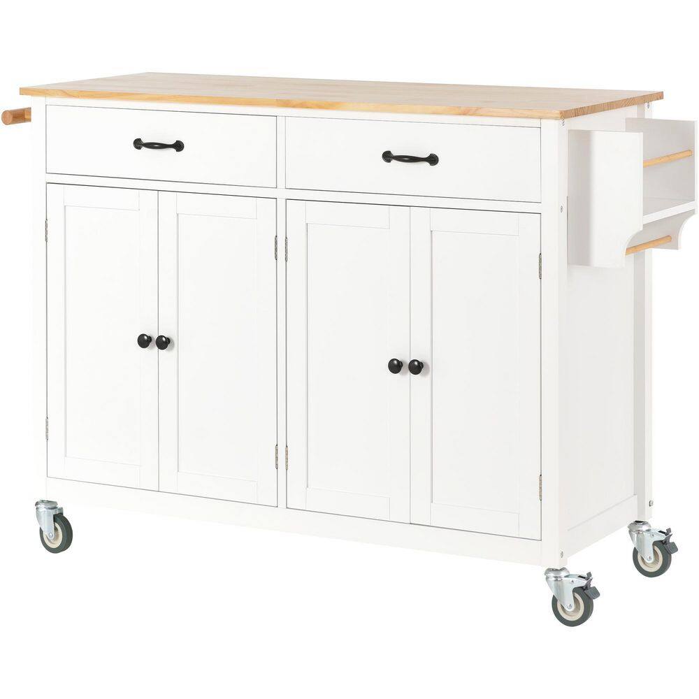 Runesay White Kitchen Island Cart with Solid Wood Top and Locking Wheels with 4 Door Cabinet and Two Drawers Spice Towel Rack EC-KIW-957