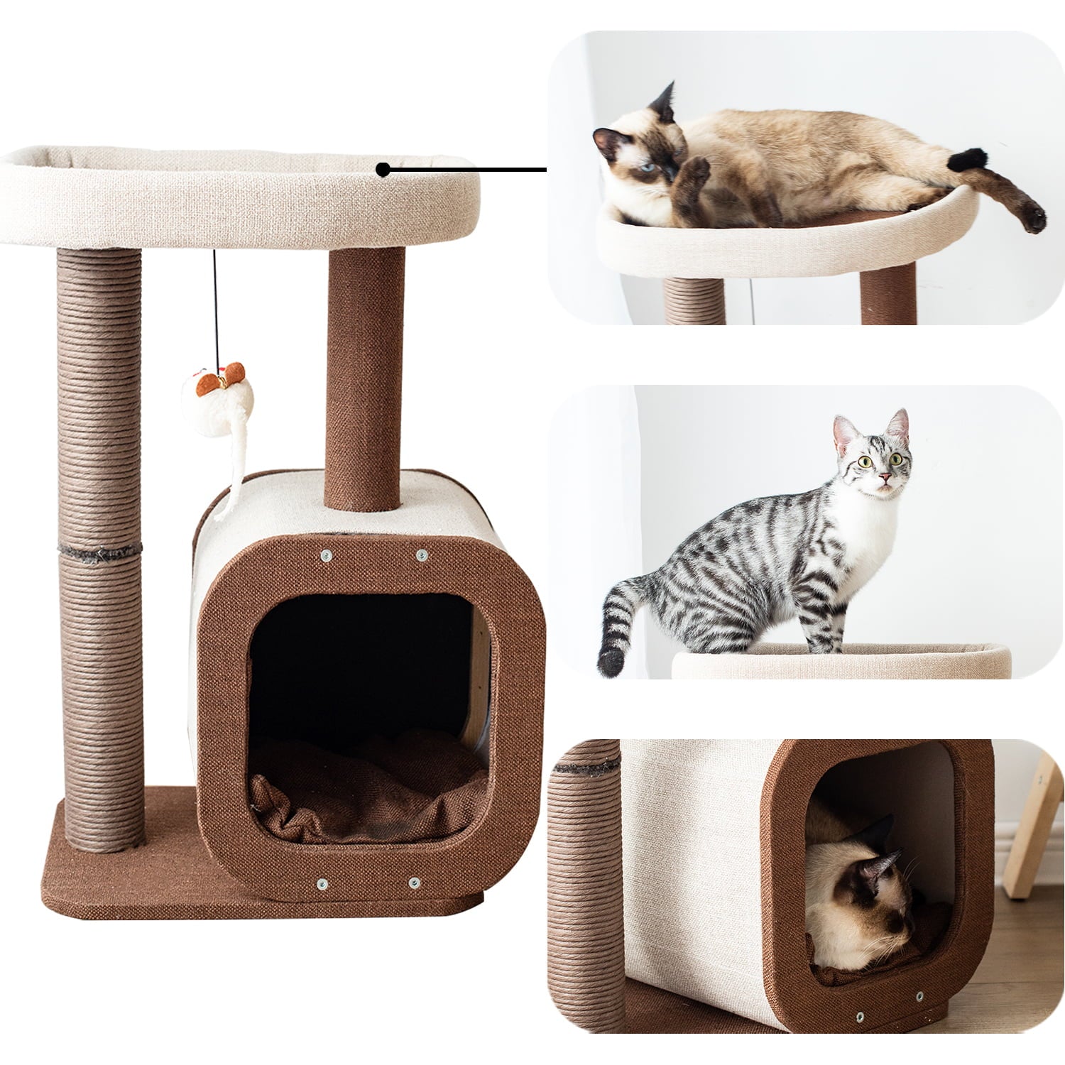 Catry 23" Condo Brown & Beige Cat Tree with Scratching Post Play House Indoor Multi-Level Climbing Cat Furniture w/ FREE Cat Teaser for Easter