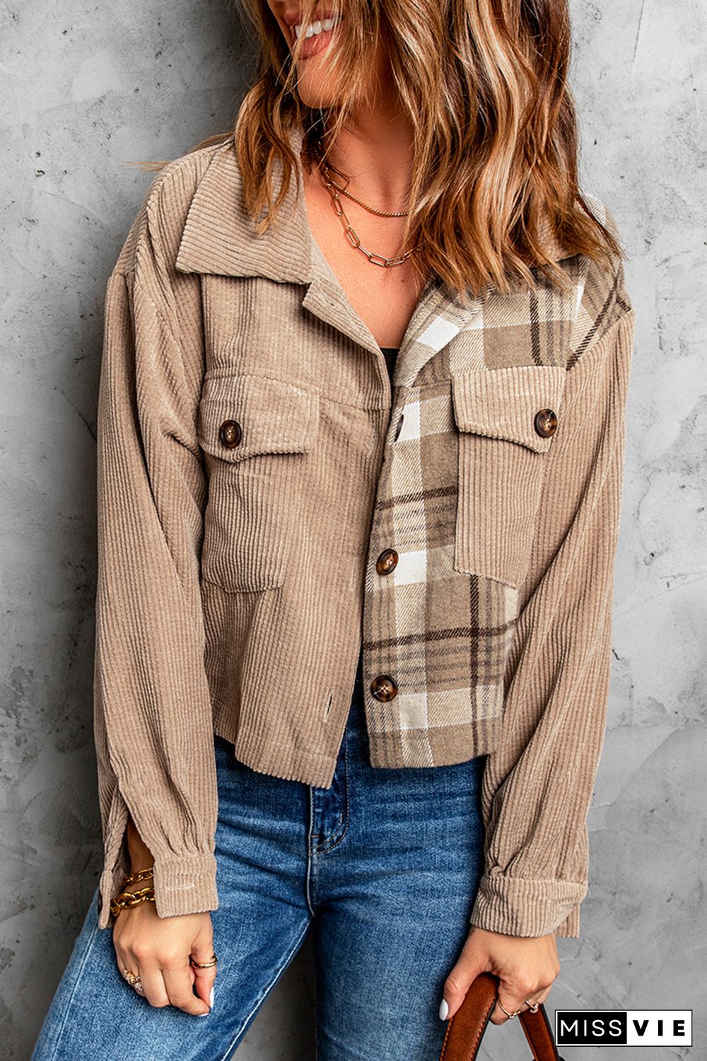 Khaki Plaid Patchwork Corduroy Cropped Jacket