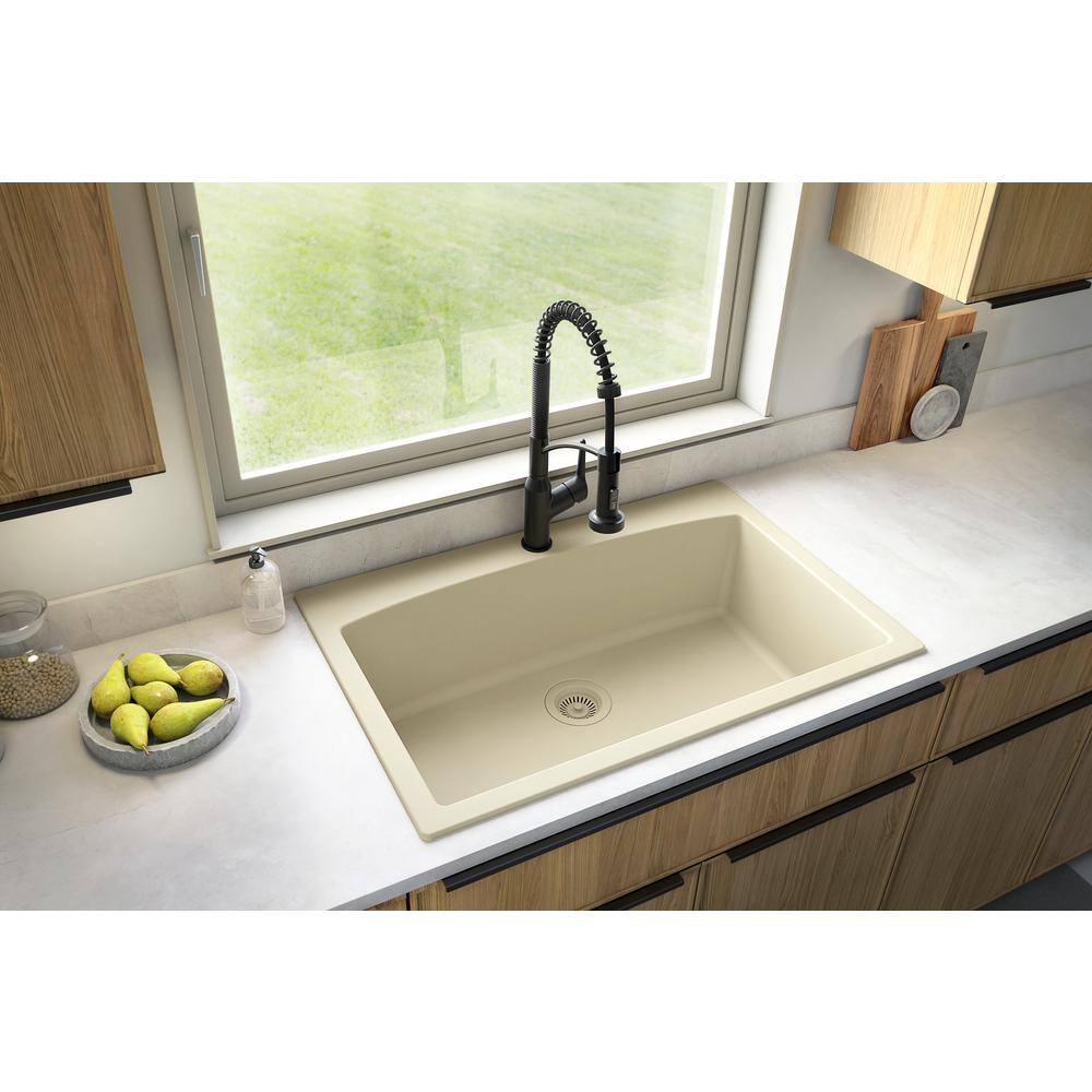 Karran QT-712 QuartzGranite 33 in. Single Bowl Top Mount Drop-In Kitchen Sink in Bisque with Bottom Grid and Strainer QT-712-BI-PK1