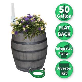 RESCUE 50 Gal. Gray Flat Back Whiskey Rain Barrel with Integrated Planter and Diverter System with Black Accent Bands 2244-1