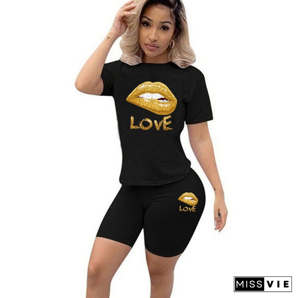 Two-Piece Fashion Womens Clothing Short-Sleeved Crew Neck T-Shirt And Tight-Fitting Shorts Tracksuit Outfit