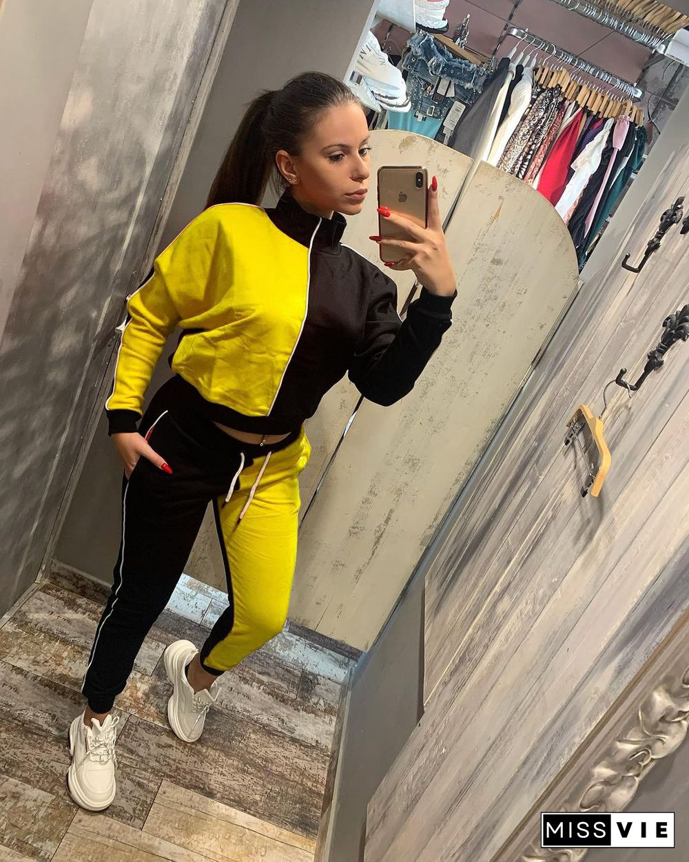 Color Contrast Zip Jacket Sporty Pants Two Piece Set