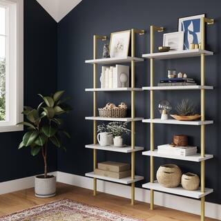 Nathan James Theo White 5-Shelf Ladder Bookcase or Bookshelf with Gold Metal Frame (Set of 2) 66001-2