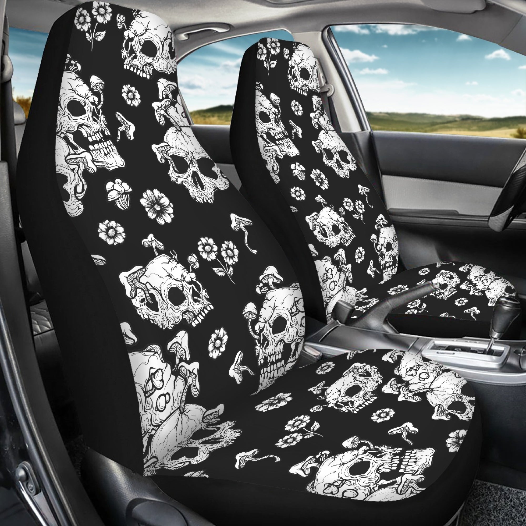 Bivenant Store Skull Pattern Car Seat Cover Set，Black Car Seat Protector，Interior Car Accessories，Front Seat Covers，Washable， Fabric，Spill Protectant，Stain Protectant， Easy Installation