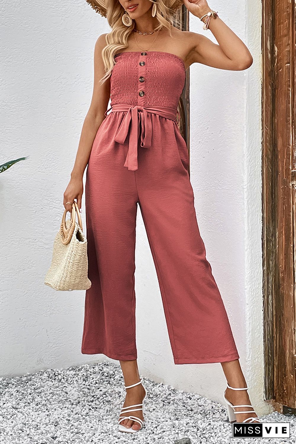 Red Off Shoulder Button Up Jumpsuit with Pockets