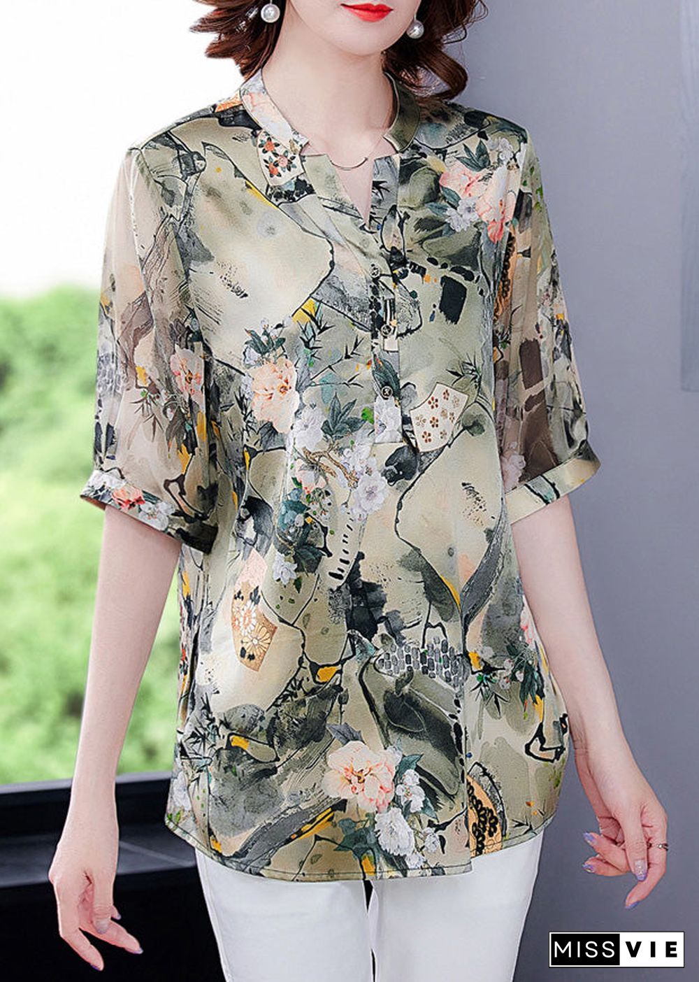 Fashion V Neck Print Button Silk Shirts Short Sleeve