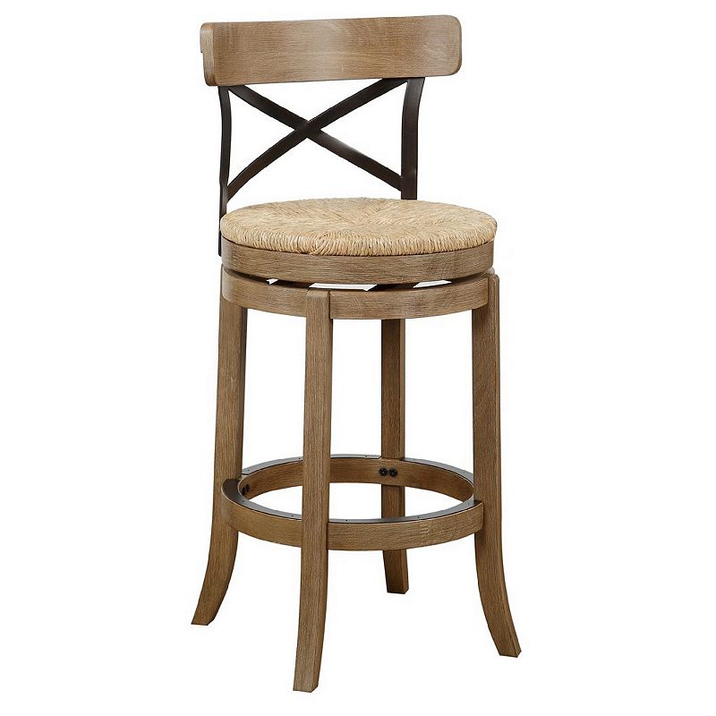 Mia 29 Inch Swivel Barstool， Crossed Metal Back， Sedge Seat， Natural Brown