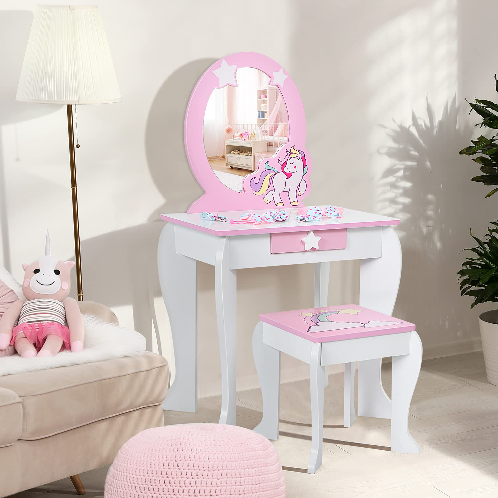 Costzon Kids Vanity Set with Mirror, 2 in 1 Wooden Princess Makeup Dressing Table with Detachable Top