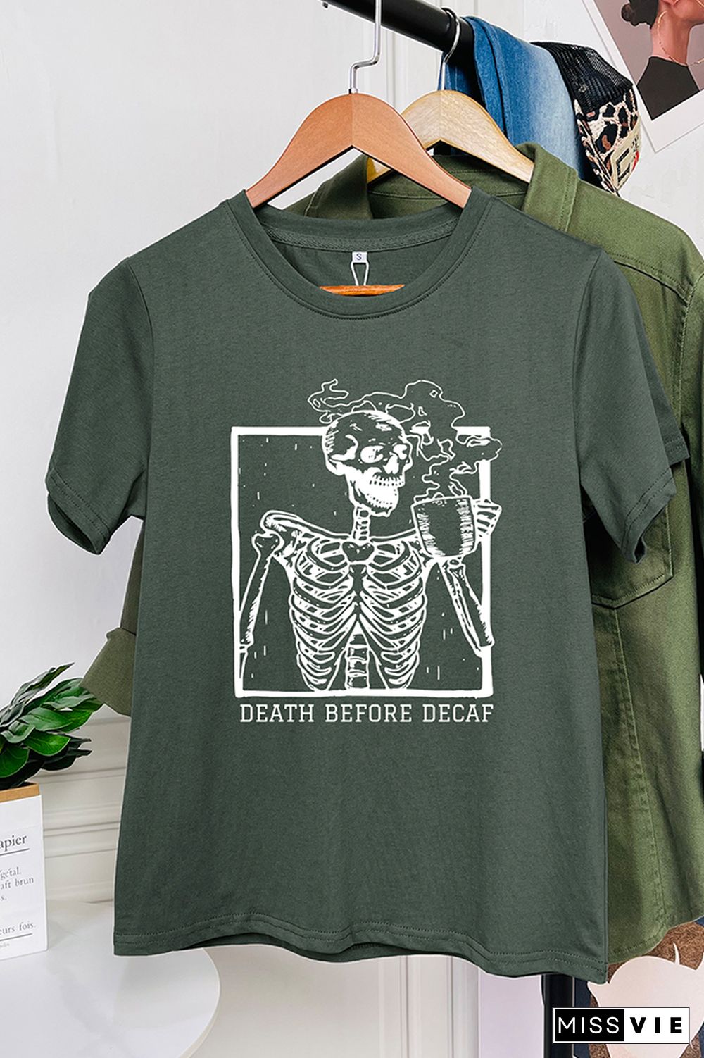 Skeleton Death Before Decaf Skeleton Drink Coffee Graphic T-Shirt Wholesale