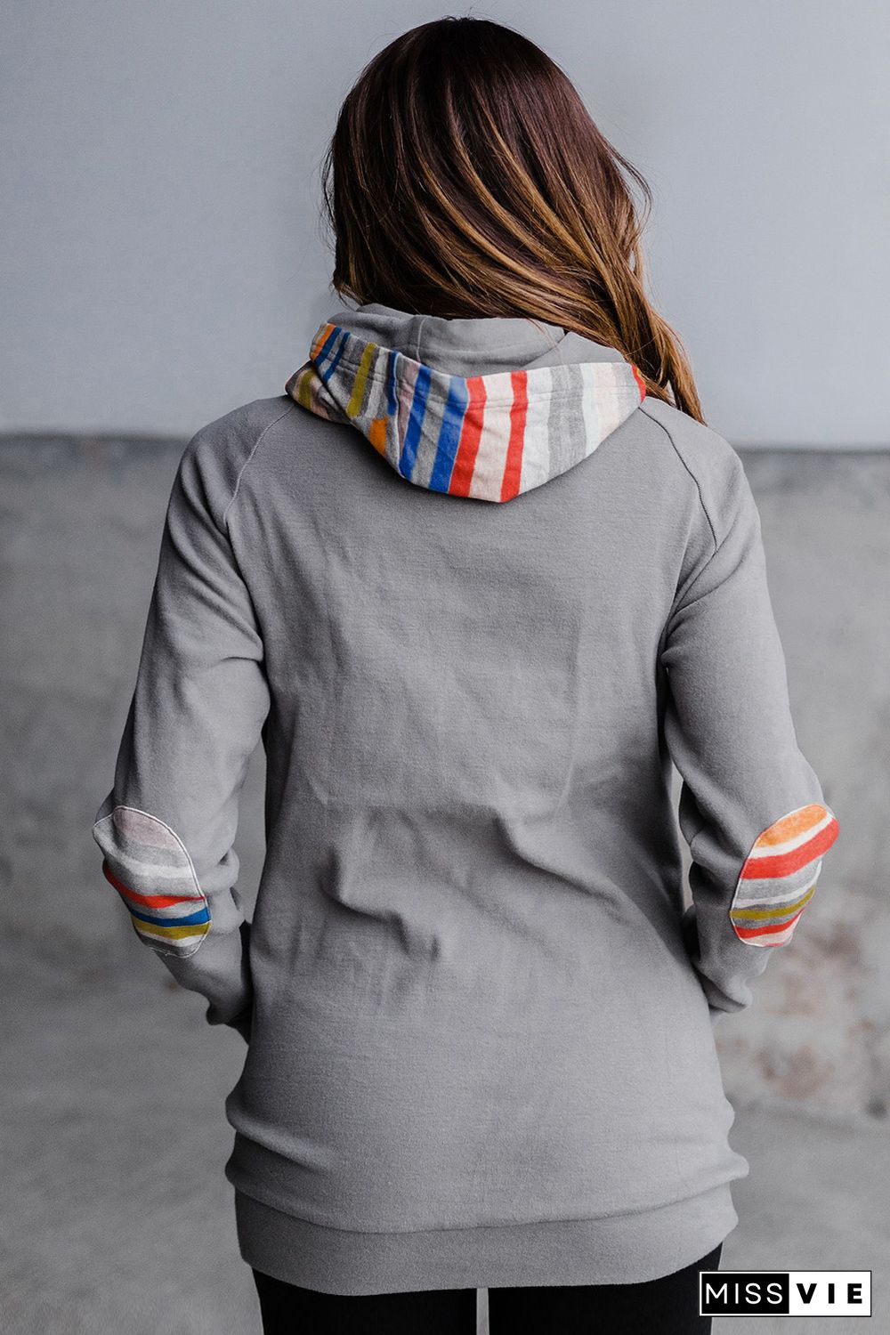 Rainbow Color Stripe Print Elbow Patch Hoodie