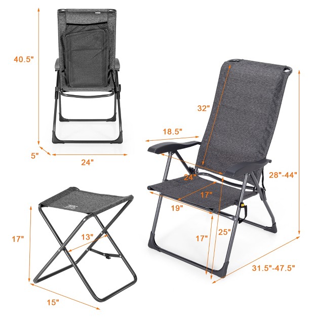 Costway 4pcs Patio Folding Dining Chair Ottoman Set Adjustable Back Camp Gray black