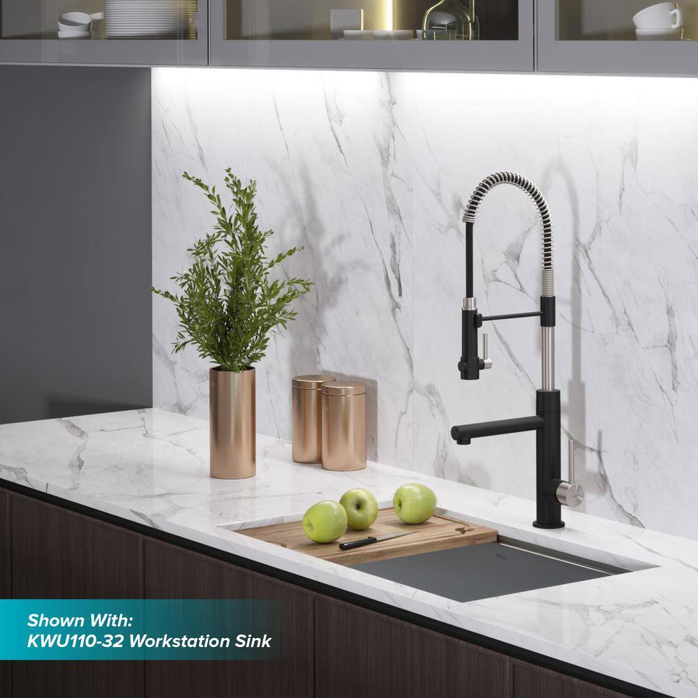 KRAUS Artec Pro Single-Handle Pull Down Sprayer Kitchen Faucet with Soap Dispenser in Stainless SteelMatte Black KPF-1603SFSMB-KSD-32MB