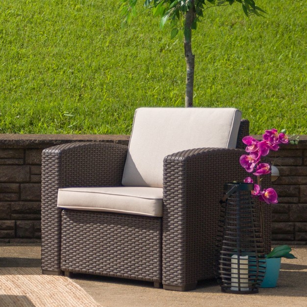 Flash Furniture Chocolate Brown Faux Rattan Chair With All weather Beige Cushion