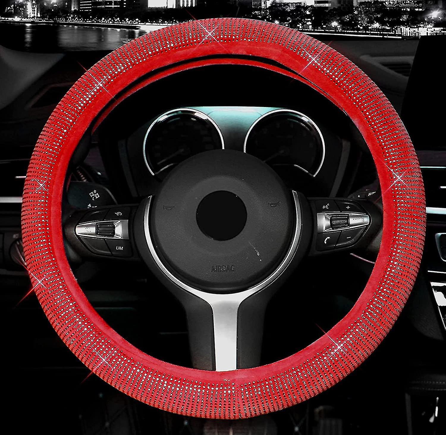 Steering Wheel Cover For Women Bling Bling Crystal Diamond Sparkling Car Suv Wheel Protector Universal Fit 15 Inch (red With Red Diamond， Standard Siz