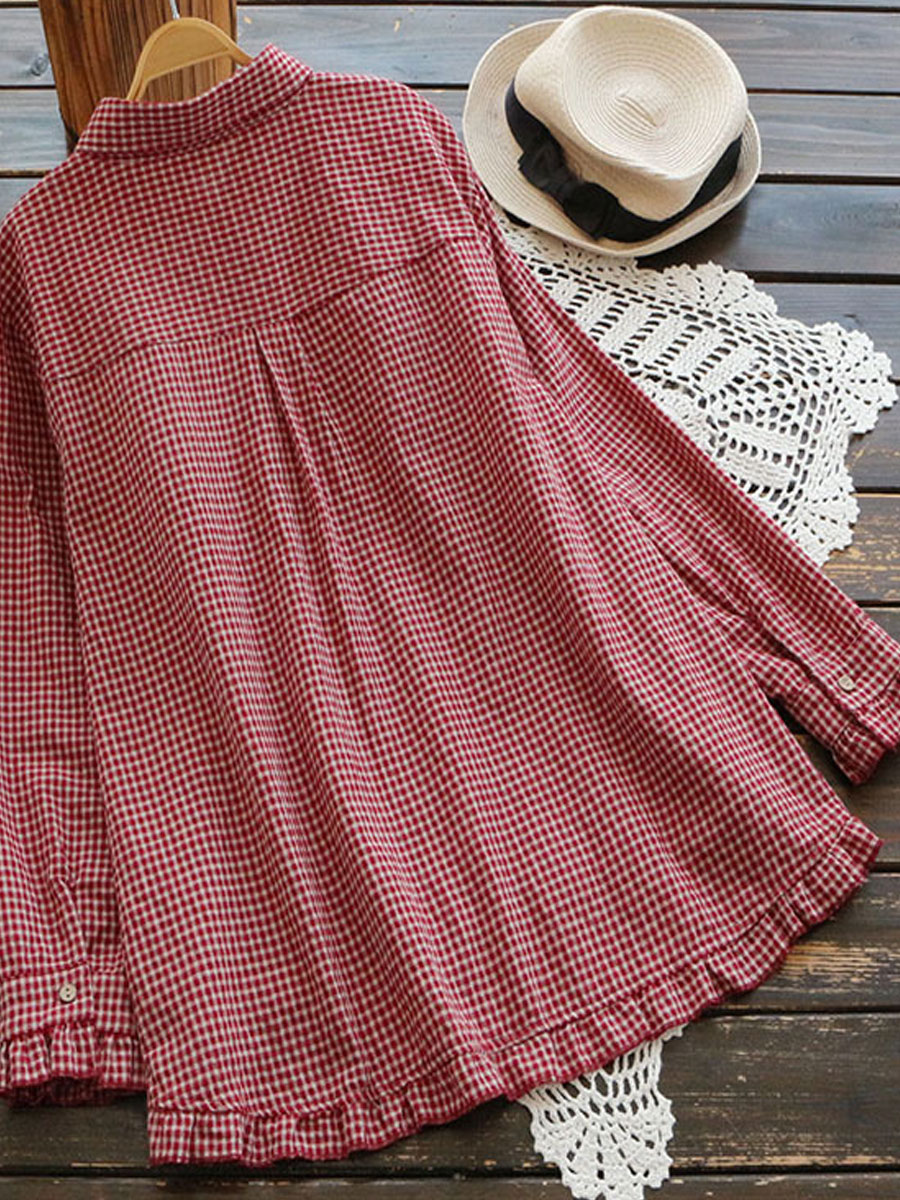 Cotton And Linen Ruffled Plaid Lapel Long-sleeved Blouse