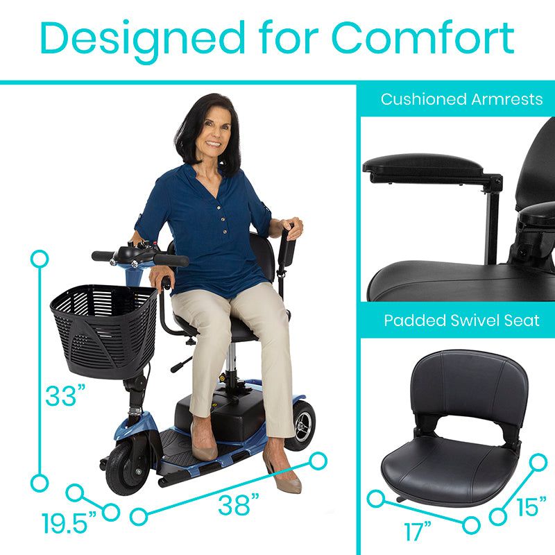 Vive Health 3 Wheel Lightweight Folding Mobility Scooter - For Precise Turns - Long Distance, Comfort Swivel Seat w/ Anti Flat Tires For Seniors