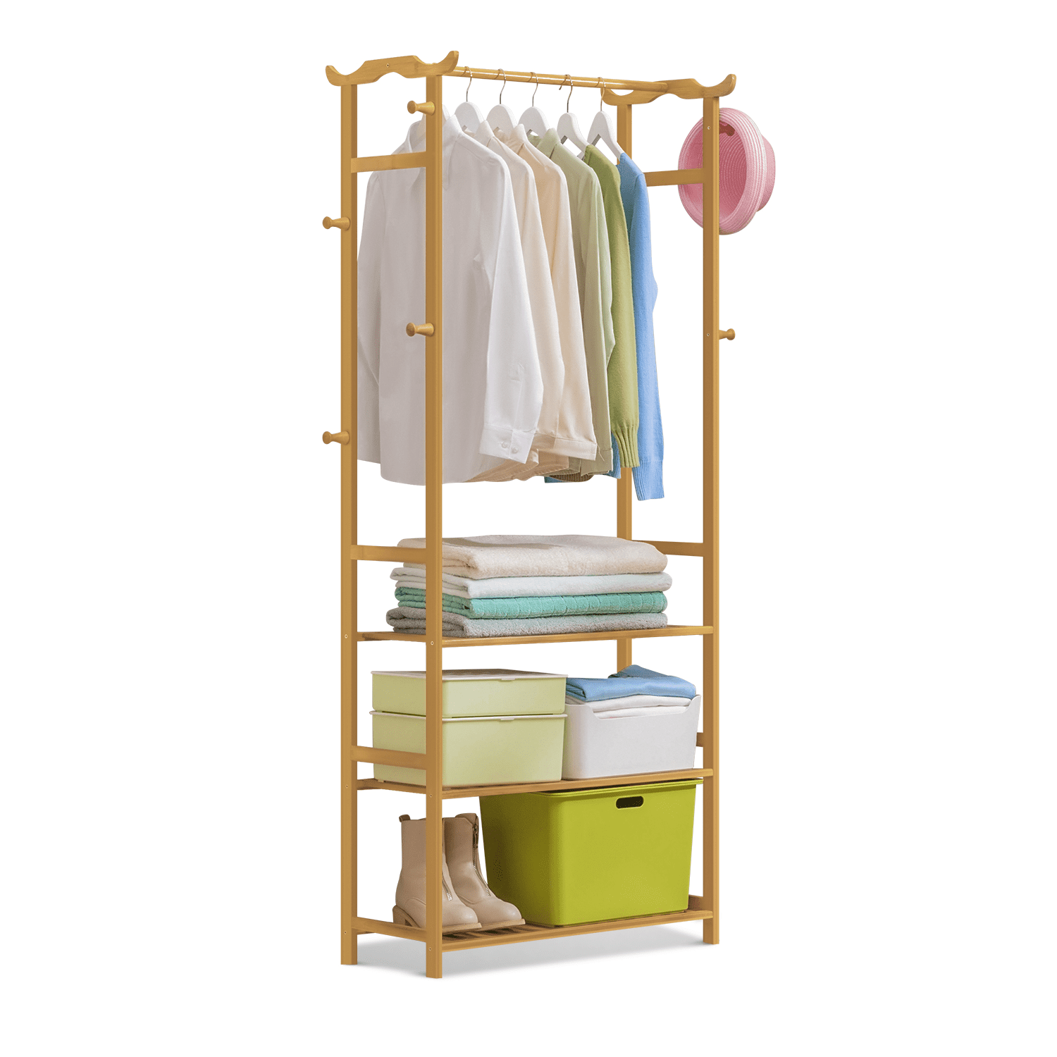 Magshion Bamboo 3 Shelves Coat Rack， Clothes Storage Shelf， Hanging Rod， Natural， for Bedroom