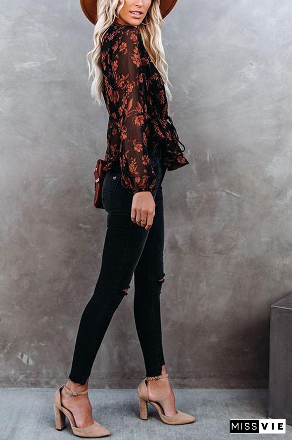 Flroal Print Button V Neck Blouse