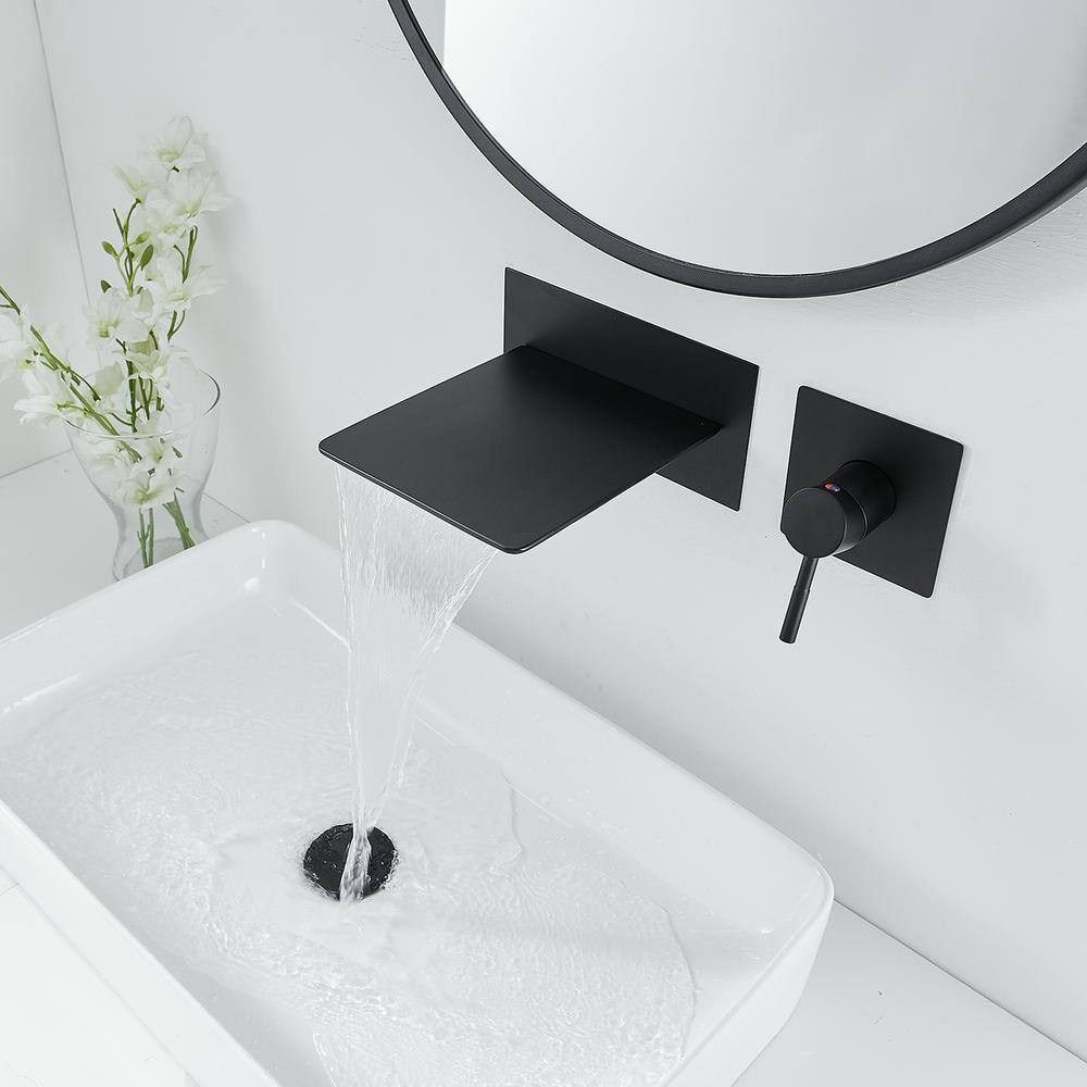 BWE Single Handle Wall Mount Spout Waterfall Bathroom Faucet in Matte Black A-93008-Black