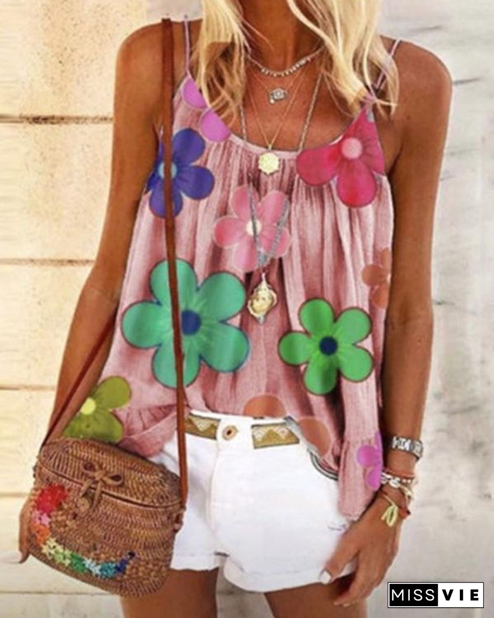 Print Floral Spaghetti Strap Sleeveless Casual Tank Tops