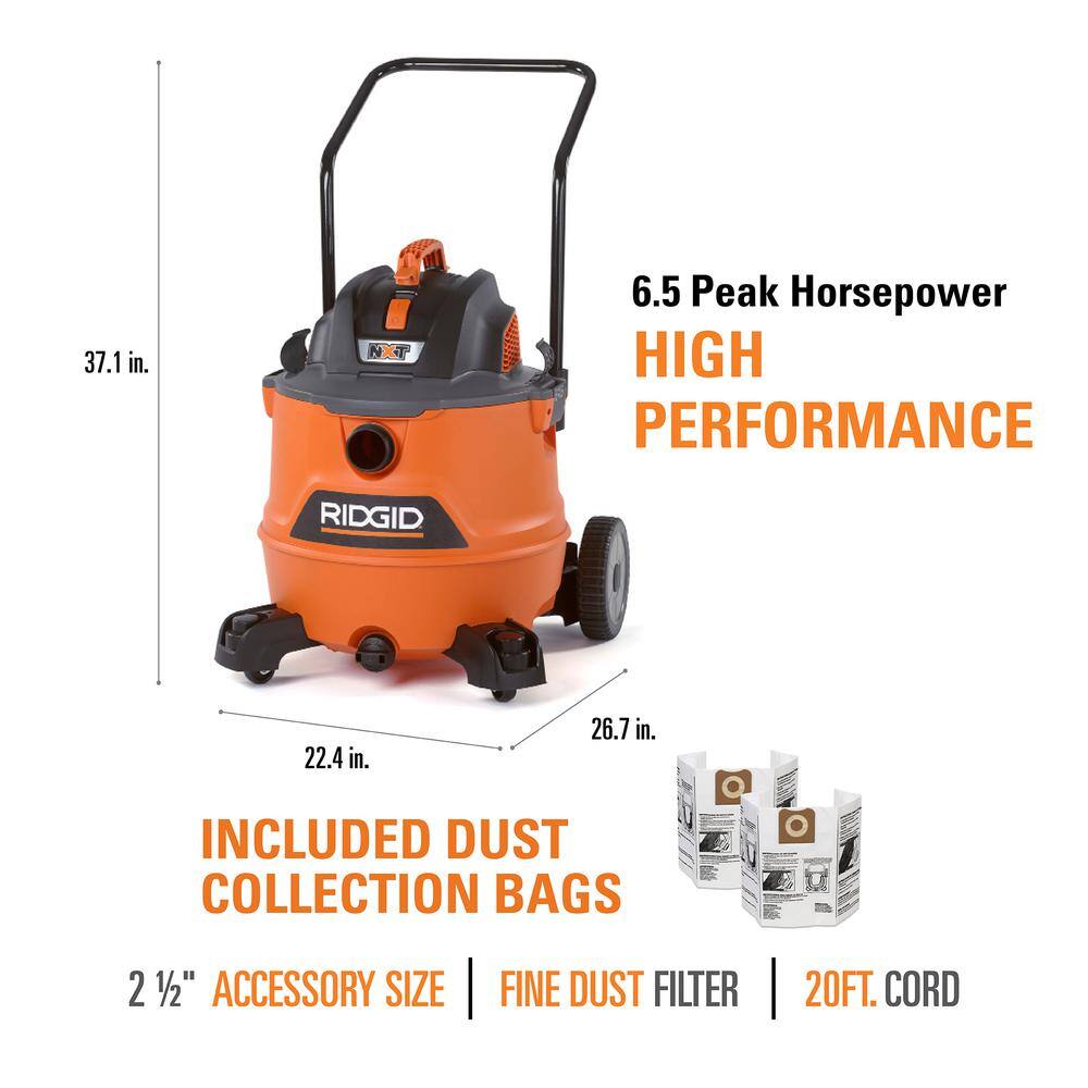 RIDGID 16 Gal. 6.5-Peak HP NXT WetDry Shop Vacuum Fine Dust Filter Locking Hose Accessories and 2pk Dust Collection Bags HD1800C