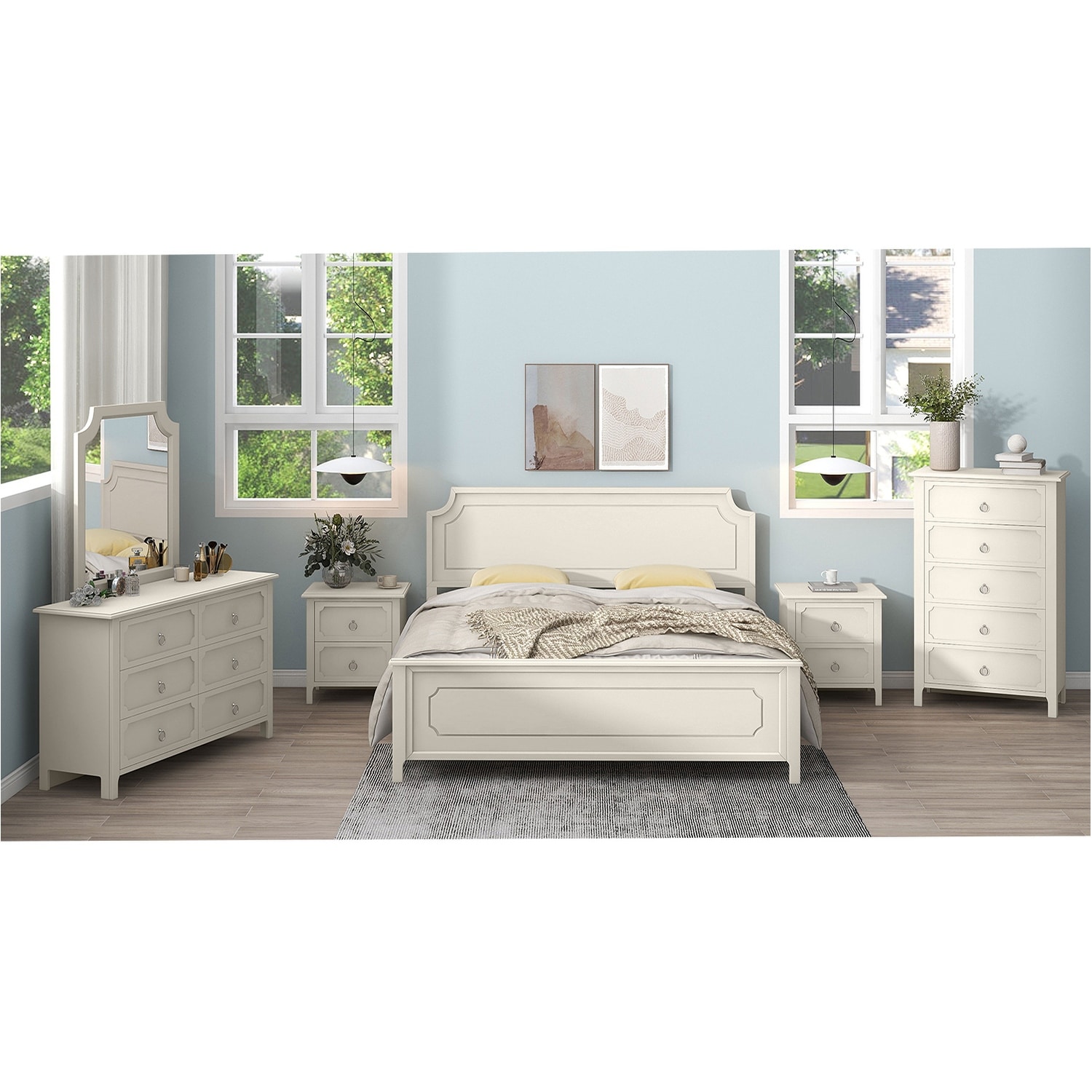 6PCS Bedroom Sets with Bed ，2 Nightstands， Chest， Mirror and Dresser - - 37374846