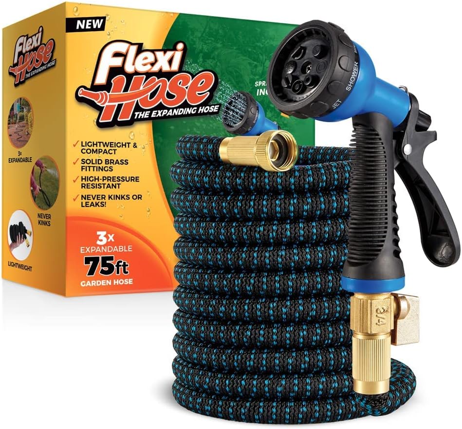 Flexi Hose with 8 Function Nozzle Expandable Garden Hose, Lightweight & No-Kink Flexible Garden Hose, 3/4 inch Solid Brass Fittings and Double Latex Core, 50 ft Blue Black