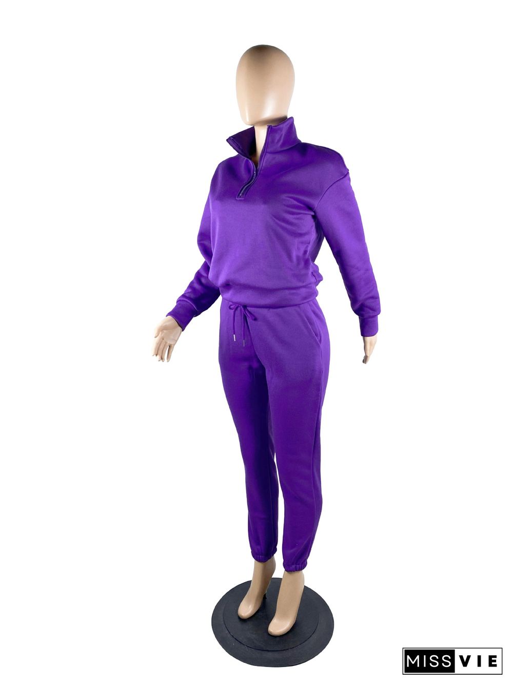 Zipper Stand Collar Pullovers Top Joggers Pants Suit