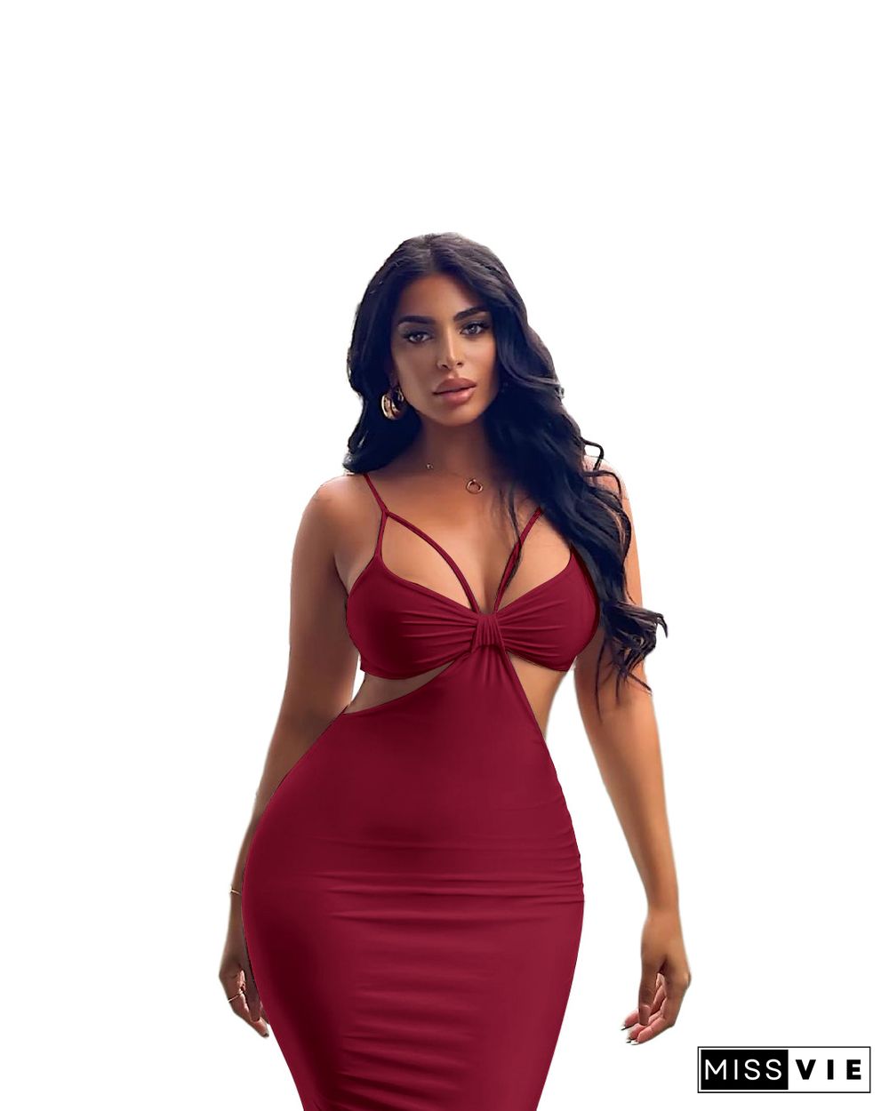 Summer Women Sexy Solid Color Spaghetti Strap V-Neck Hollow Out Backless Skinny Club Party Maxi Dress