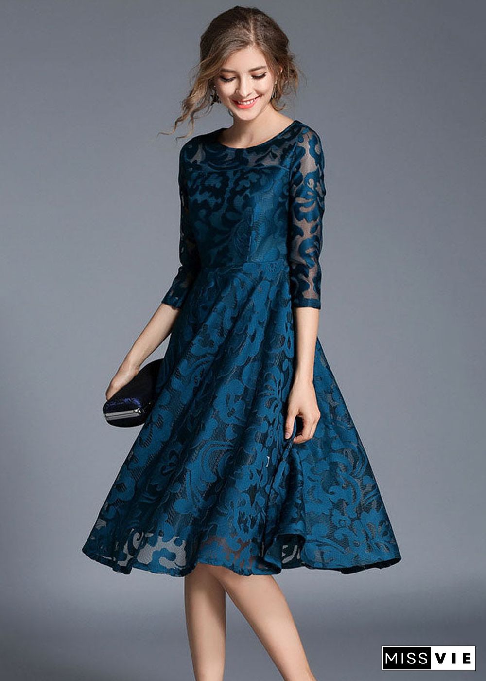 Women Blue Jacquard Wrinkled Patchwork Lace Mid Dress Summer