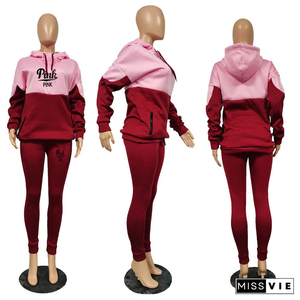 PINK Letter Patchwork Hooded Sweatshirt And Pants Sets