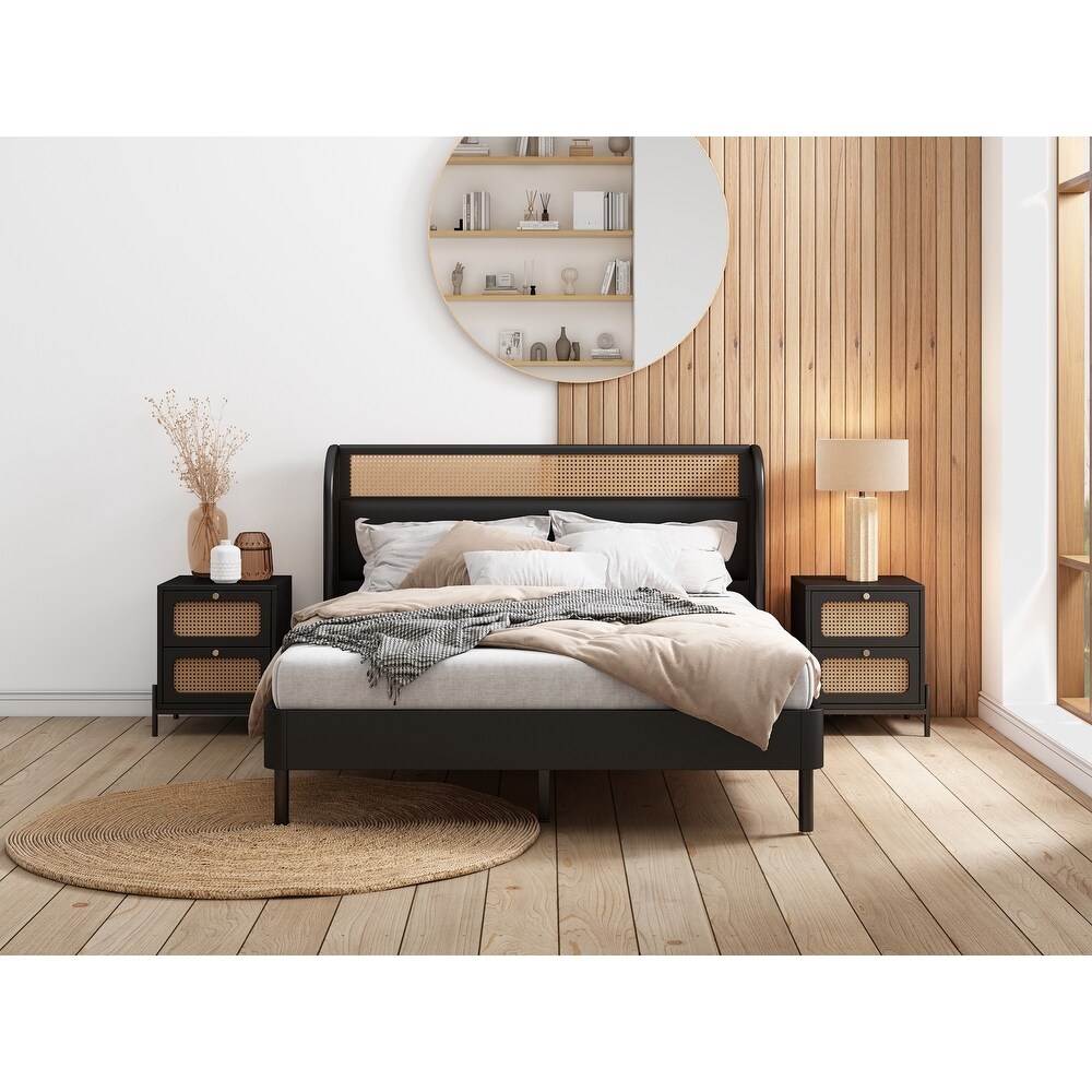 3 Pieces Modern Cannage Rattan Platform Queen Bed and 2 Nightstand