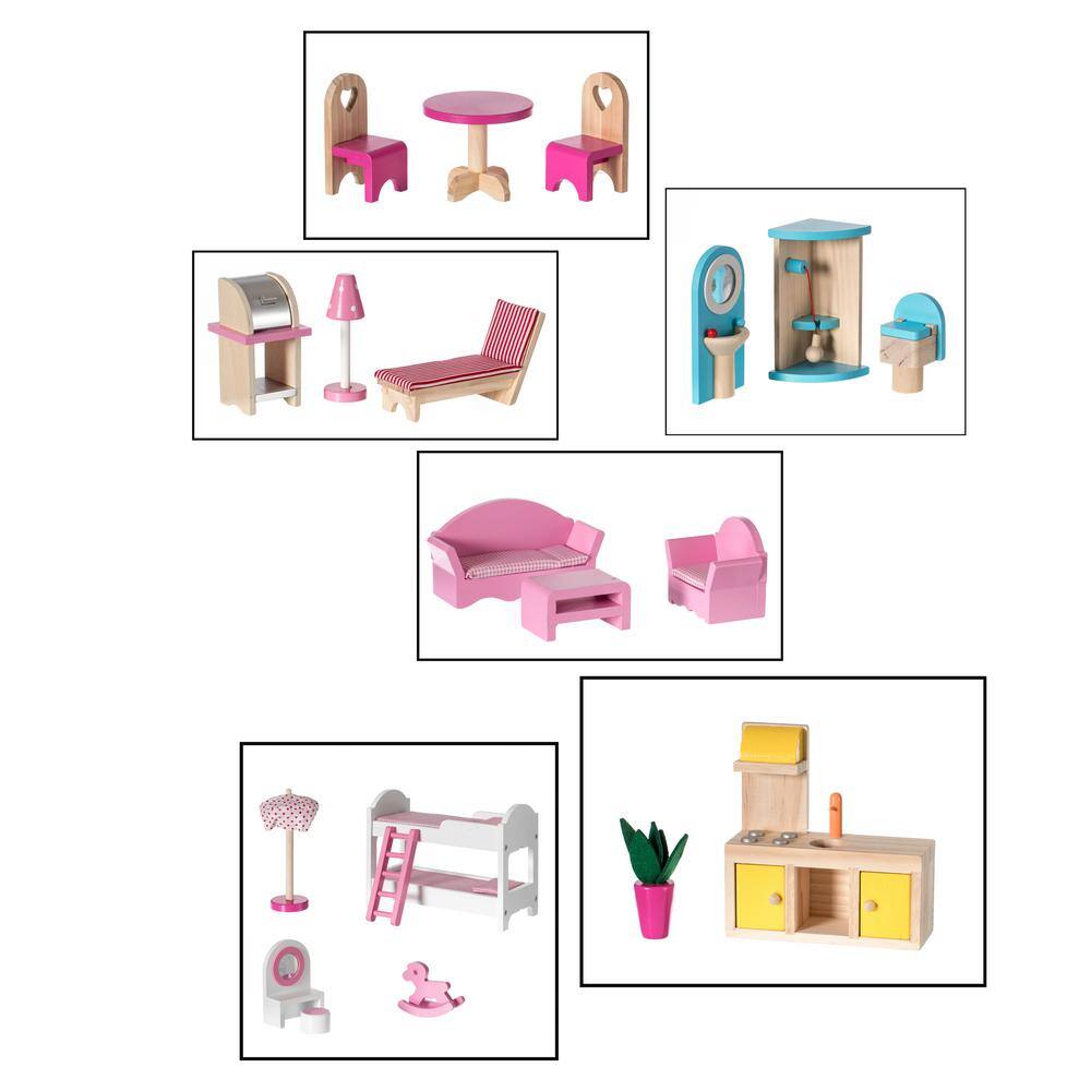 Gardenised QI004210 Wooden Doll House with Toys and Furniture Accessories with LED Light for Ages 3 plus