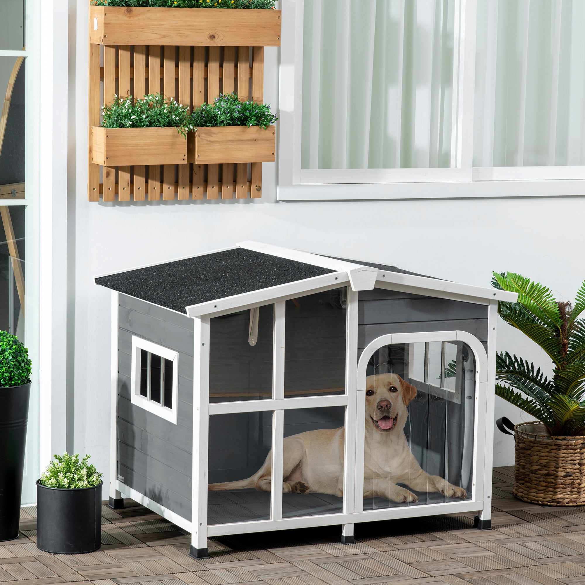 PawHut Cabin-Style Wooden Dog House for Large Dogs Outside with Openable Roof and Giant Window， Big Dog House Outdoor and Indoor， Asphalt Roof， Gray