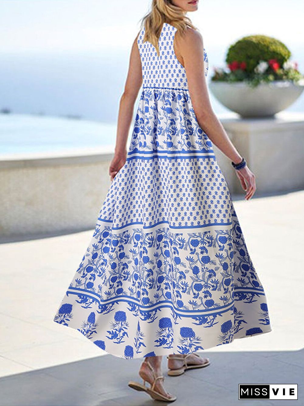 Floral Stripe Print V-neck Sleeveless Swing A-line Maxi Dress