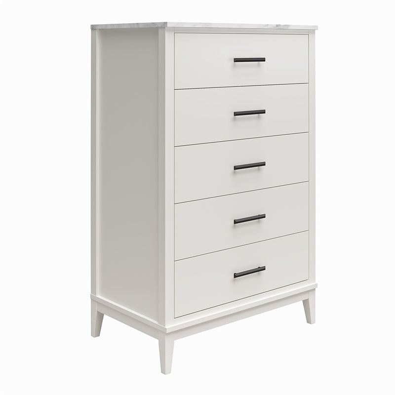 Ameriwood Home Lynnhaven Tall 5 Drawer Dresser in White w/ White Marble Top