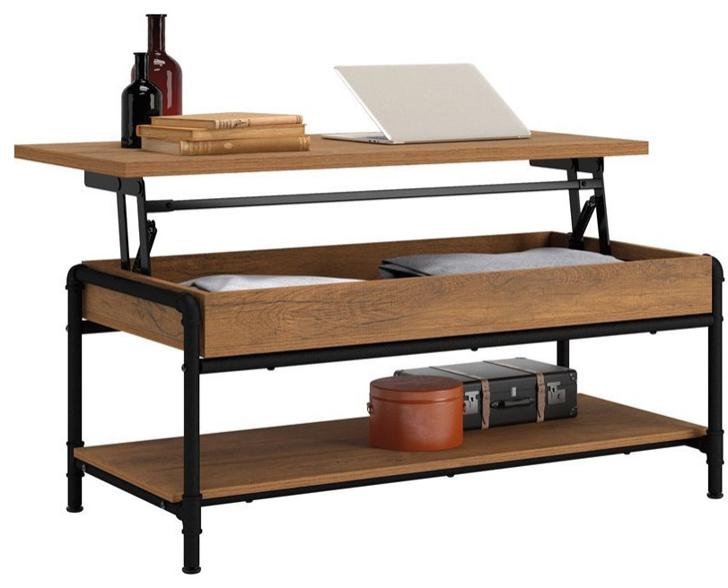 Sauder Iron City Engineered Wood Lift Top Coffee Table in Checked Oak   Industrial   Coffee Tables   by Homesquare  Houzz