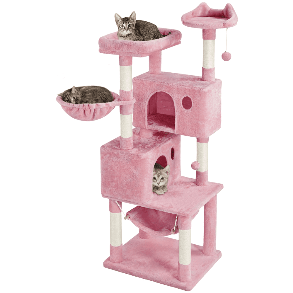 Easyfashion 64'' Multi-level Cat Tree Cat Tower with Condos and Scratching Posts， Pink