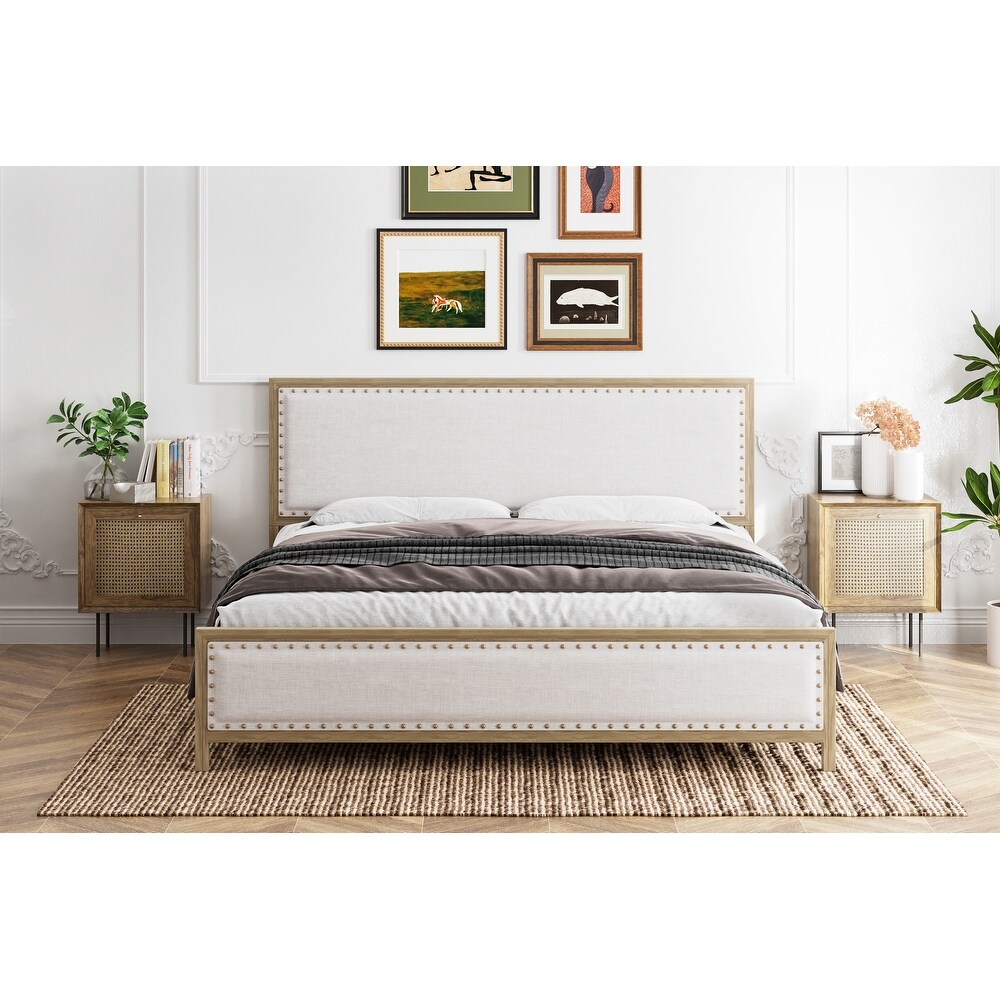 Upholstered Platform Bed with Linen Headboard and Footboard