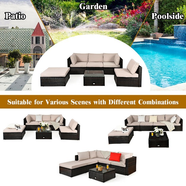 Costway 6pcs Outdoor Patio Rattan Furniture Set Cushioned Sectional Sofa Table Ottoman