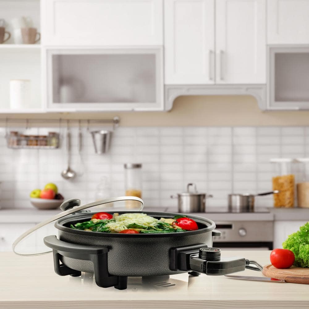 OVENTE 12 In. Black Non Stick Electric Skillet Aluminum Body and Tempered Glass Lid, Removable Temperature Knob SK11112B