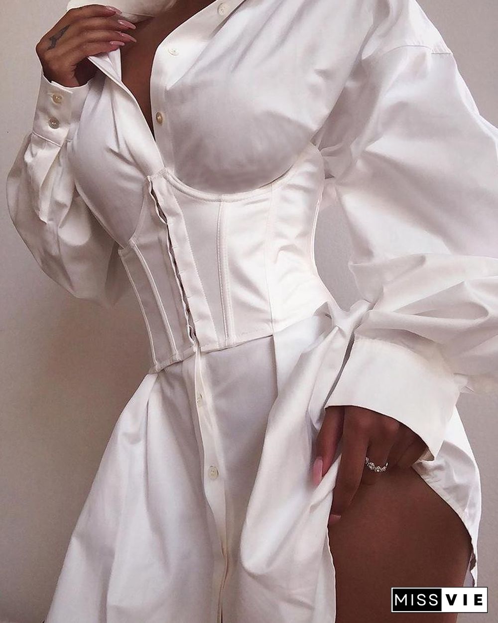 Solid Long Sleeve Tight Waist Buttoned Shirt Dress