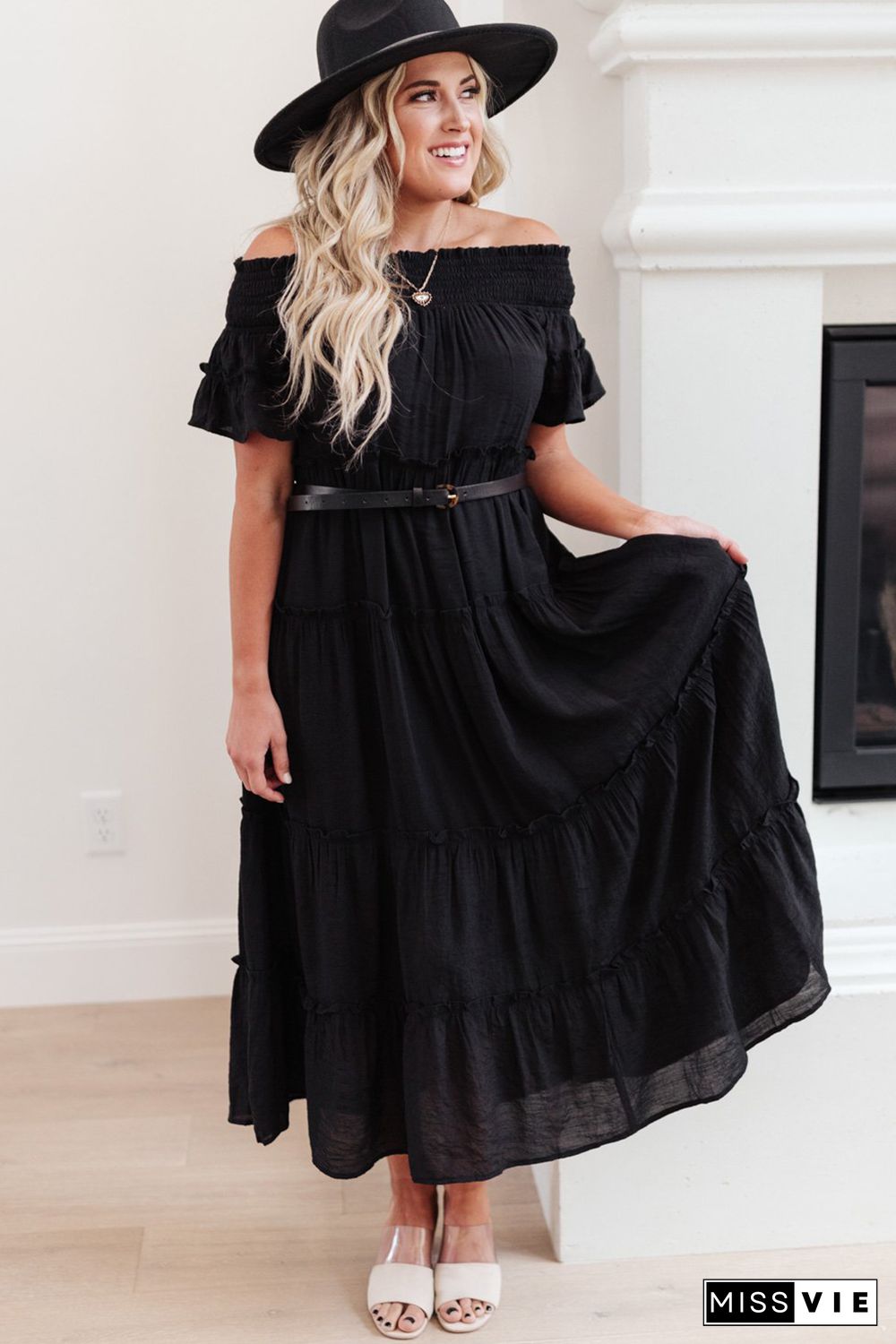 Black Plus Size Smocked Off Shoulder Frill Tiered Maxi Dress